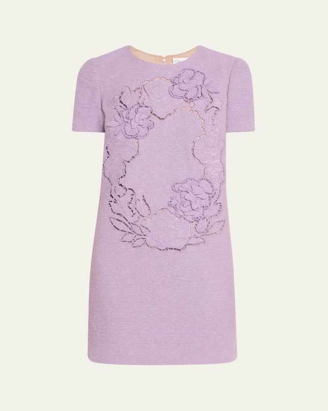 Short-Sleeve Floral Embroidered Tweed Mini Dress